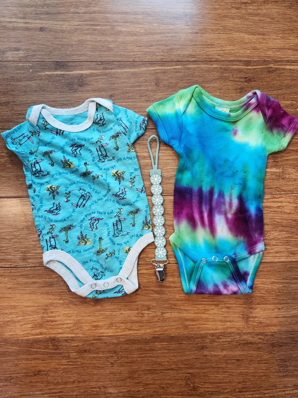 Newborn Set- Dr. Seuss Places You'll Go & Tie Dye Baby Short Onesie & Paci Clip